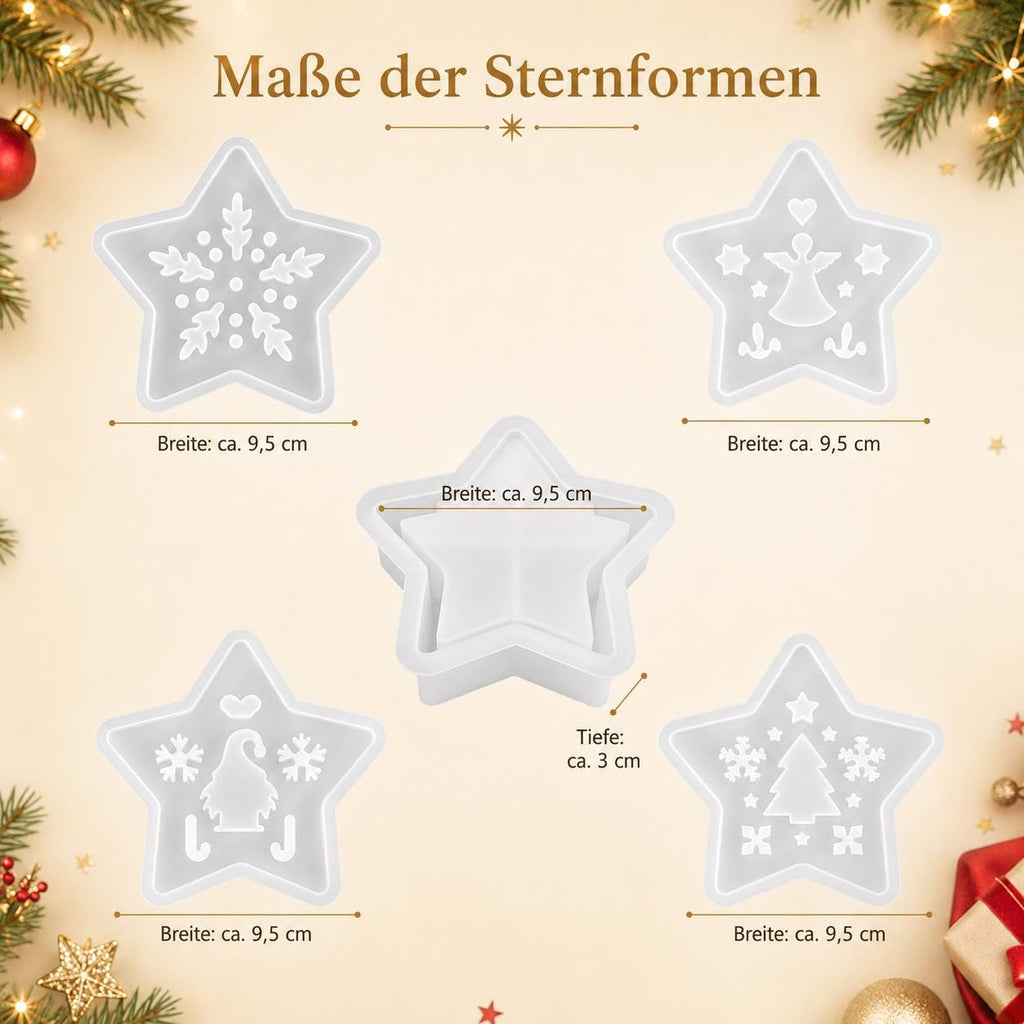 Silikonform Weihnachtsstern 5-teilig – Stern Gießform mit Engel, Wichtel, Schneeflocke und Tannenbaum – für Raysin und Keraflott