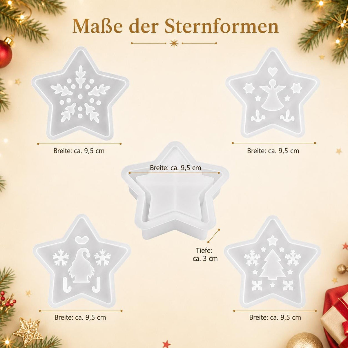Silikonform Weihnachtsstern 5-teilig – Stern Gießform mit Engel, Wichtel, Schneeflocke und Tannenbaum – für Raysin und Keraflott