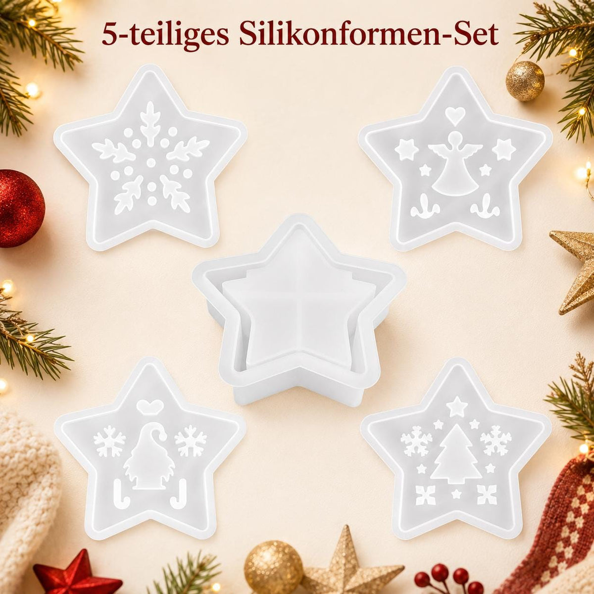 Silikonform Weihnachtsstern 5-teilig – Stern Gießform mit Engel, Wichtel, Schneeflocke und Tannenbaum – für Raysin und Keraflott