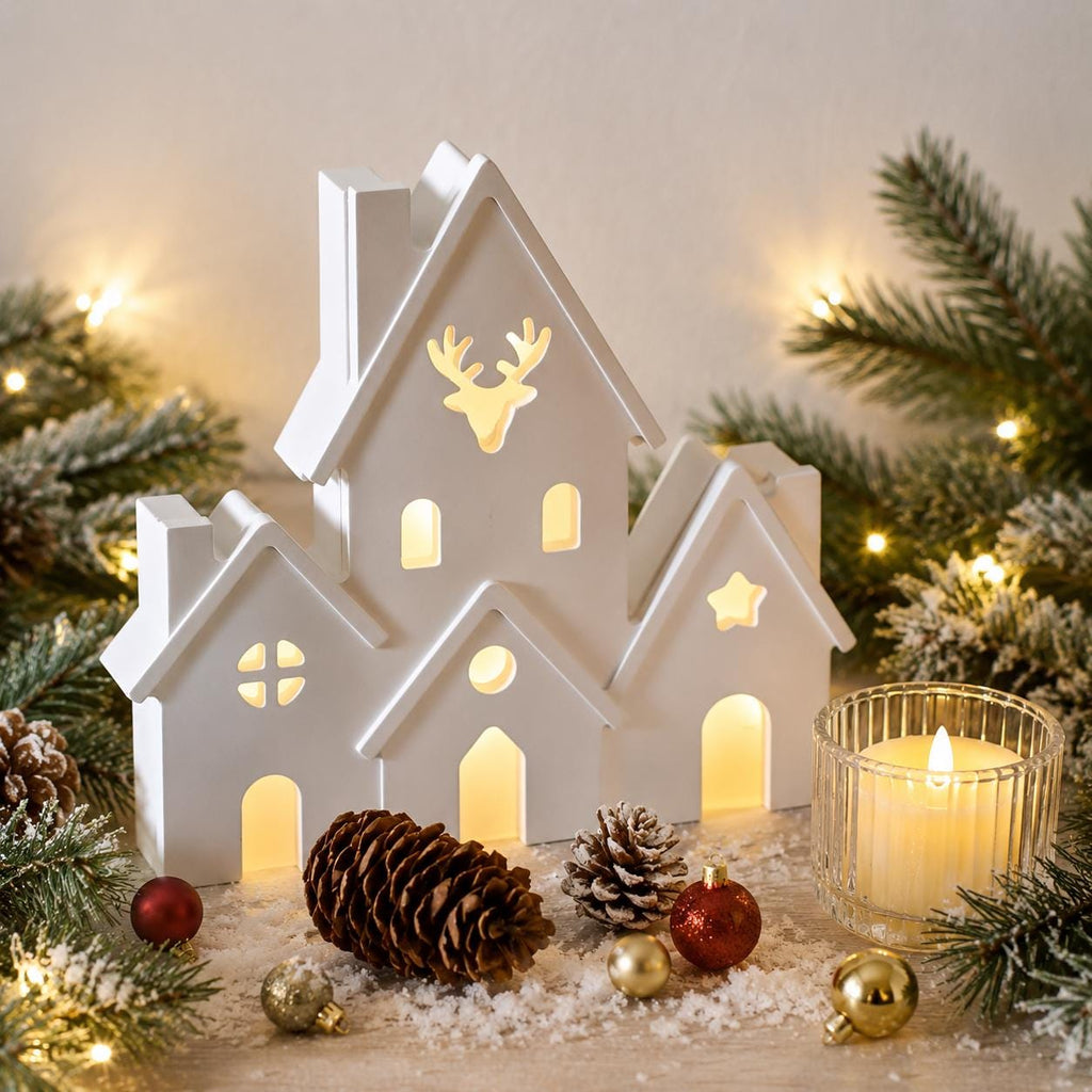 Silikonform Weihnachtshäuser 2-teilig – Gießform Häuserzeile mit Hirsch – Lichthaus für Raysin, Keraflott, Gips und Beton