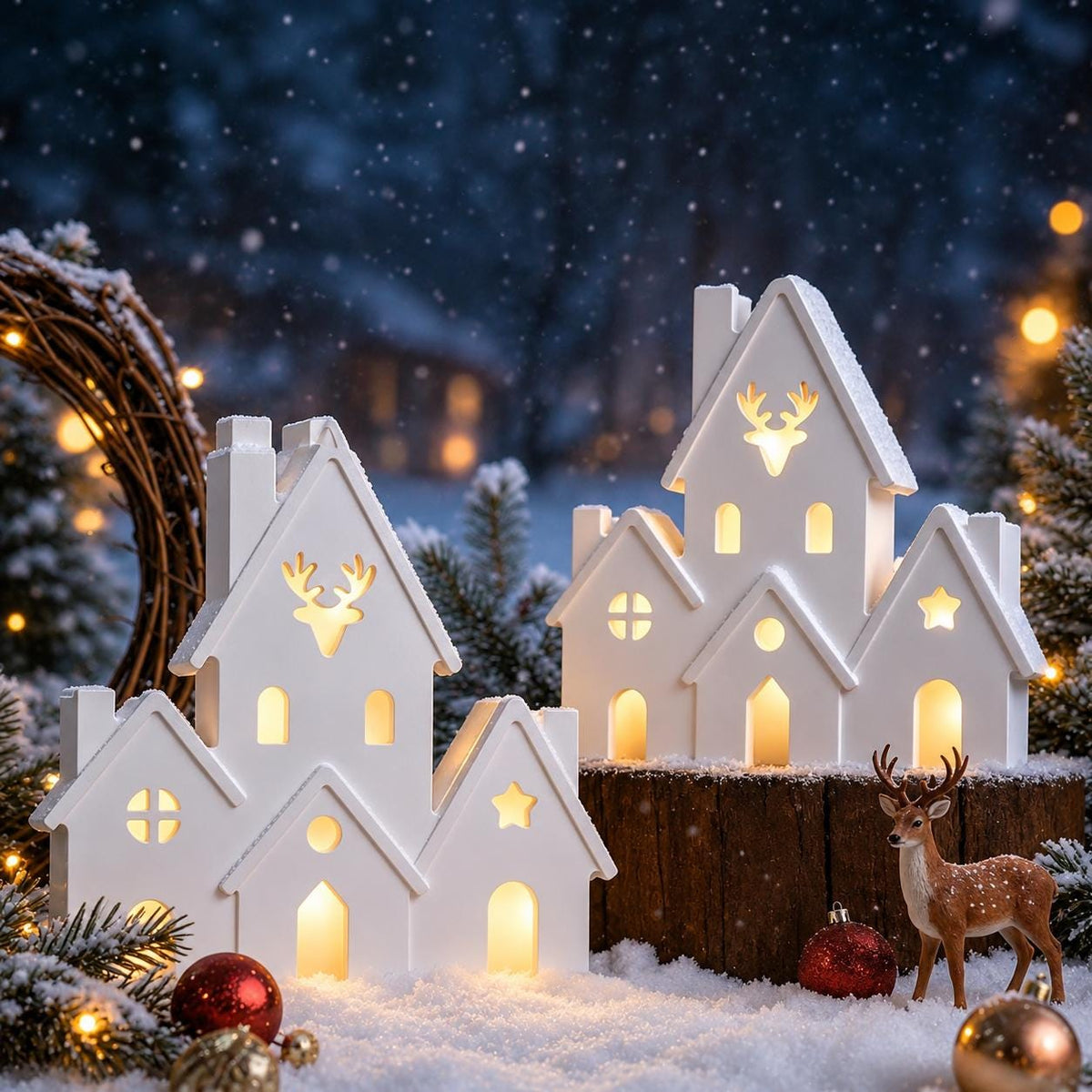 Silikonform Weihnachtshäuser 2-teilig – Gießform Häuserzeile mit Hirsch – Lichthaus für Raysin, Keraflott, Gips und Beton