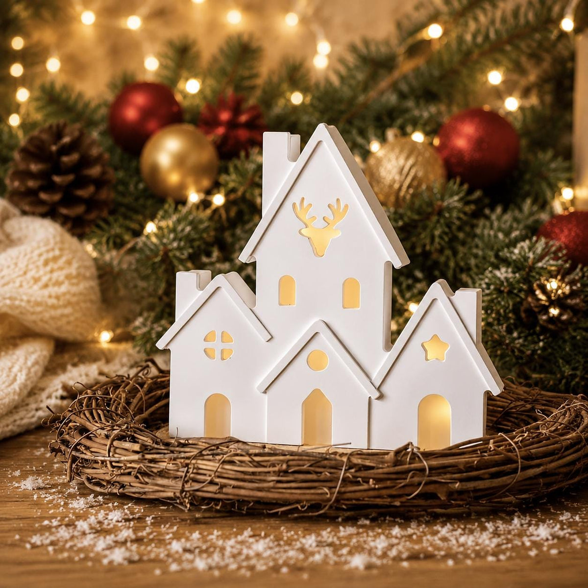 Silikonform Weihnachtshäuser 2-teilig – Gießform Häuserzeile mit Hirsch – Lichthaus für Raysin, Keraflott, Gips und Beton