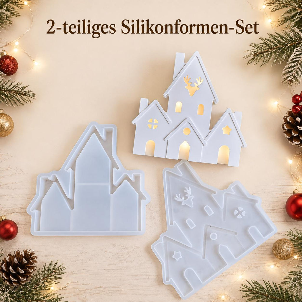 Silikonform Weihnachtshäuser 2-teilig – Gießform Häuserzeile mit Hirsch – Lichthaus für Raysin, Keraflott, Gips und Beton