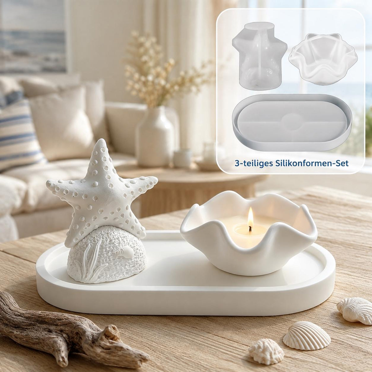 Silikonformen maritim – Seestern, Muschelschale und Tablett, Set 3 Formen | Gießformen für Raysin, Keraflott, Gips