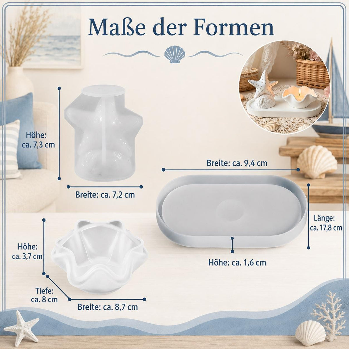 Silikonformen maritim – Seestern, Muschelschale und Tablett, Set 3 Formen | Gießformen für Raysin, Keraflott, Gips
