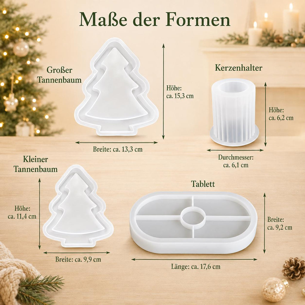 4er Silikonformen-Set Weihnachten  2 Tannenbäume, Kerzenhalter und Tablett  Gießformen für Raysin, Keraflott und Gips