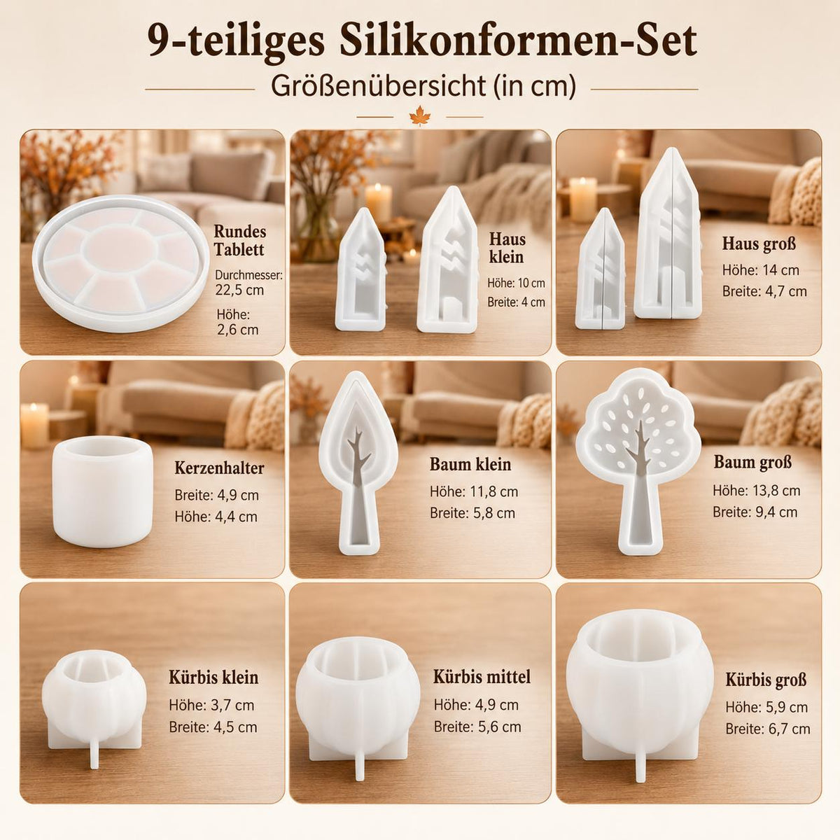 Silikonformen Herbst – 9er-Set Tablett, Kürbisse, Häuser, Bäume und Kerzenhalter – Gießformen für Raysin und Keraflott