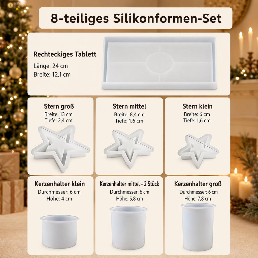 Silikonformen Advent 8er-Set – Kerzenhalter, Sterne und Tablett – Weihnachts-Gießformen für Raysin, Keraflott und Gips