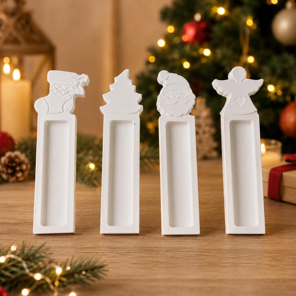 Silikonform Geldgeschenk Weihnachten  4 Motive mit Engel, Weihnachtsmann, Tannenbaum und Strumpf  Gießform für Raysin