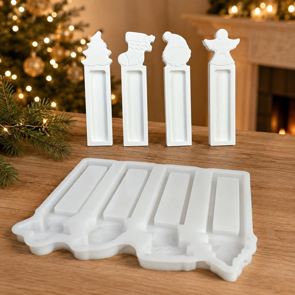 Silikonform Geldgeschenk Weihnachten  4 Motive mit Engel, Weihnachtsmann, Tannenbaum und Strumpf  Gießform für Raysin