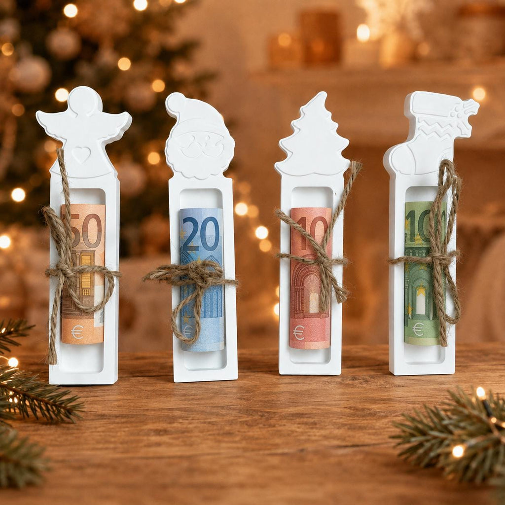 Silikonform Geldgeschenk Weihnachten  4 Motive mit Engel, Weihnachtsmann, Tannenbaum und Strumpf  Gießform für Raysin