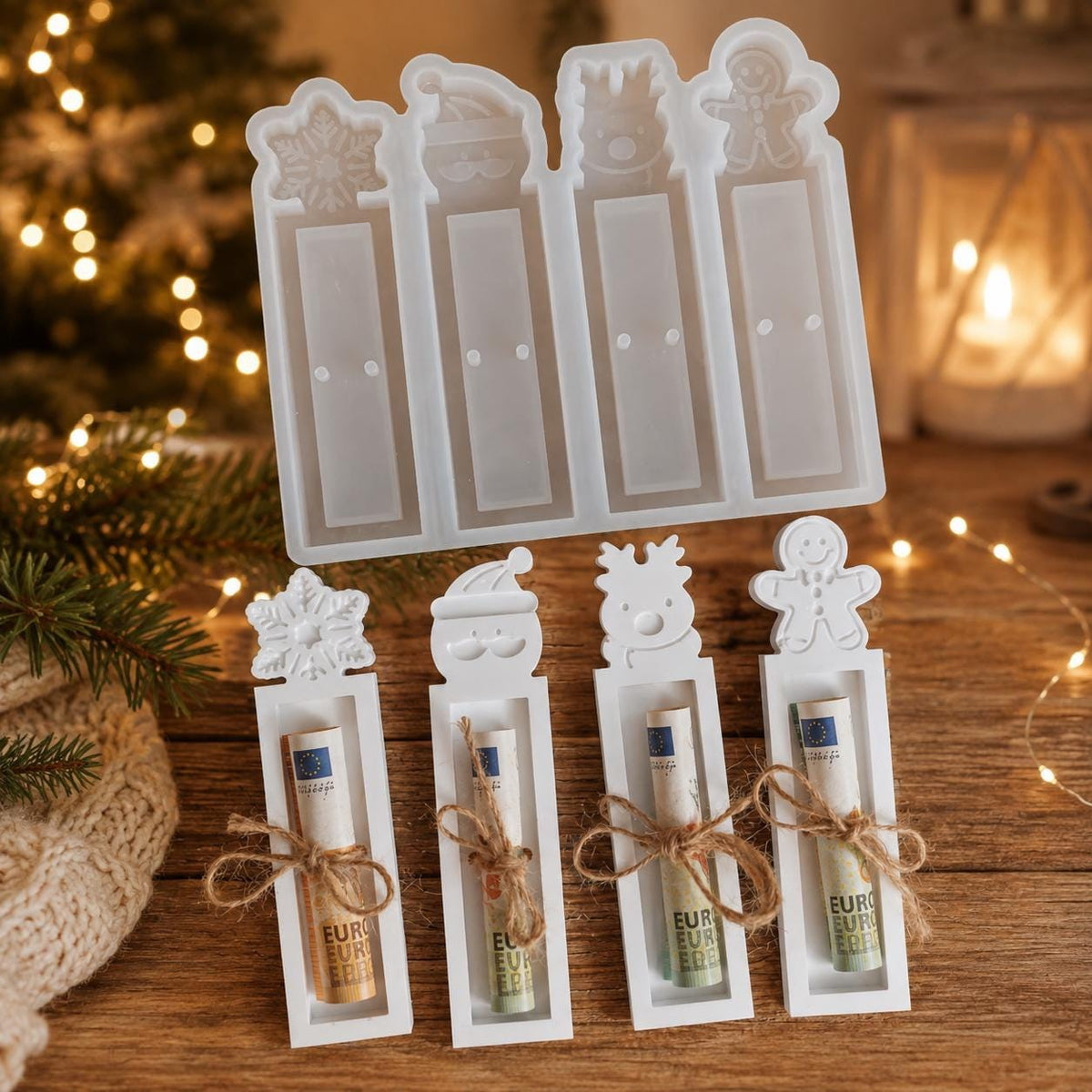 Silikonform Geldgeschenk Weihnachten – Gießform für Schokoriegel und Geldscheine – 4 Weihnachtsmotive