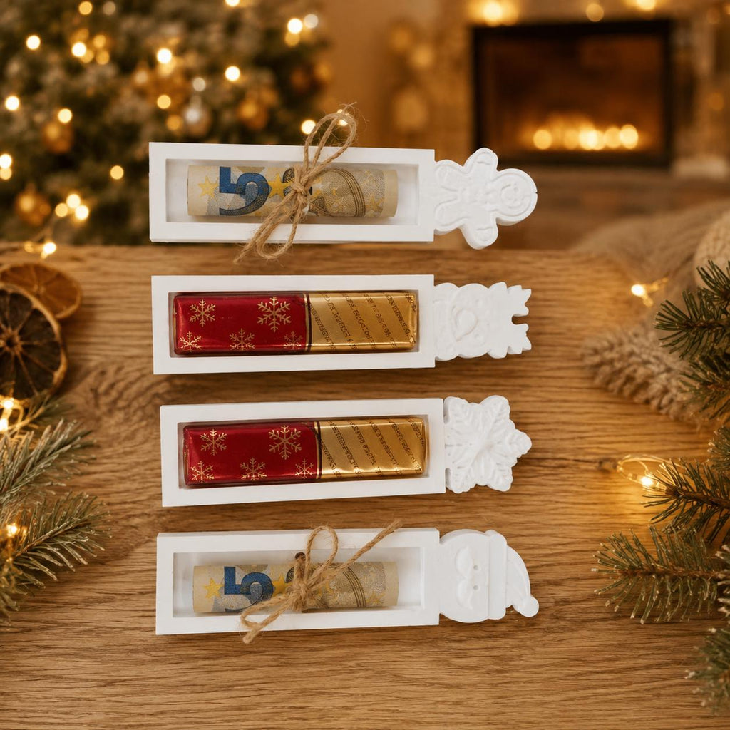 Silikonform Geldgeschenk Weihnachten – Gießform für Schokoriegel und Geldscheine – 4 Weihnachtsmotive