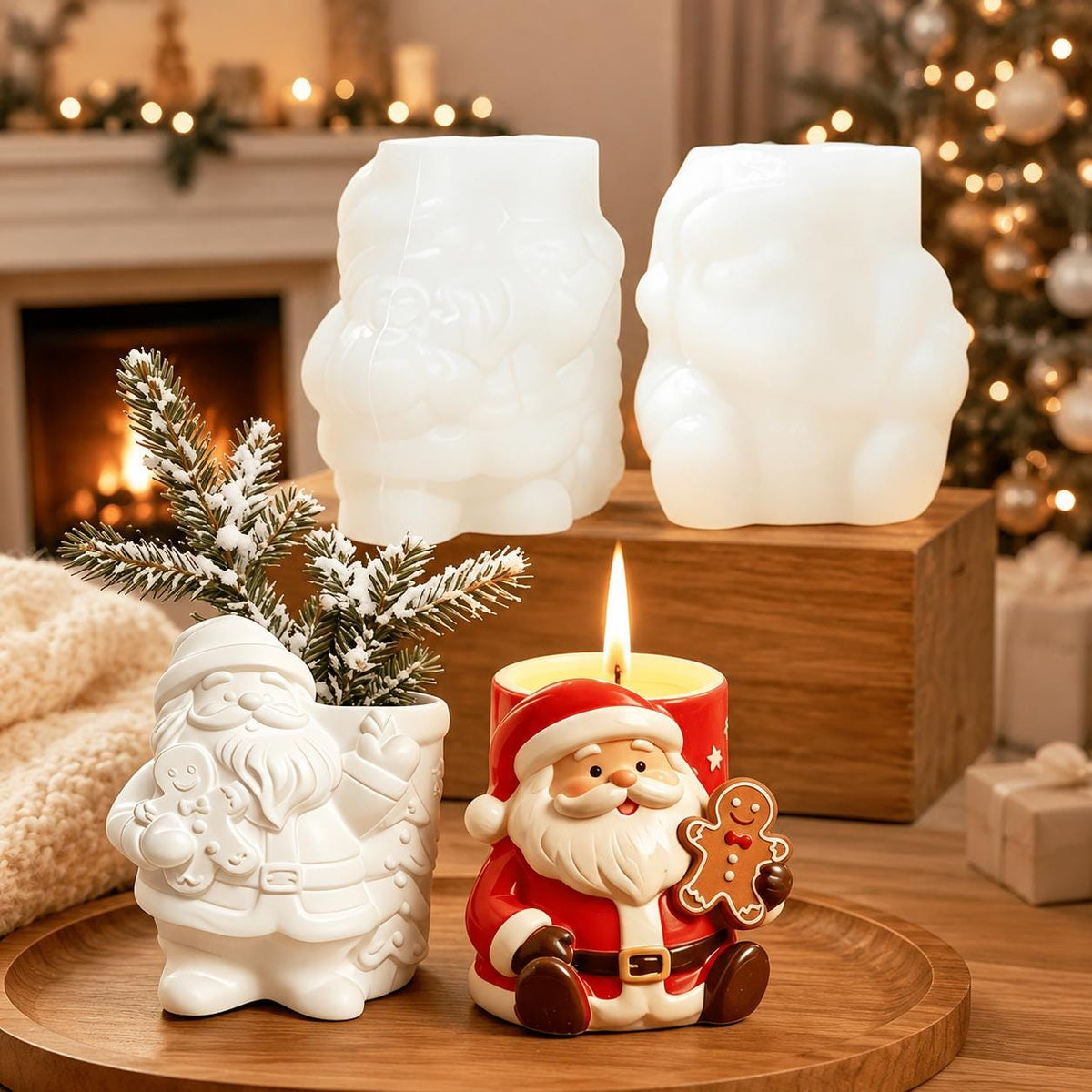 Weihnachtsmann-Gießlinge als Kerzenhalter und Pflanzgefäß neben zwei Silikonformen