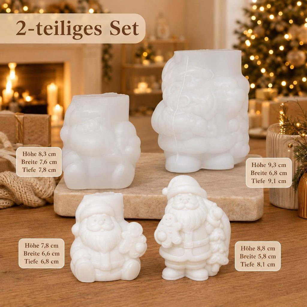 Maßübersicht der beiden Weihnachtsmann-Silikonformen und fertigen Gießlinge in Zentimetern