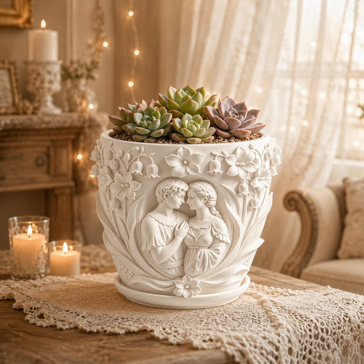 Reinweißes Pflanzgefäß mit Paar- und Blumenmotiv auf einem Tisch mit Spitze und Kerzenlicht