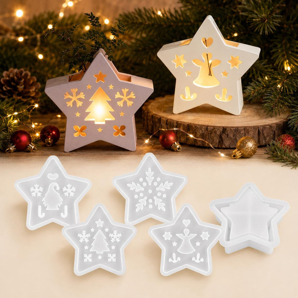 Silikonform Weihnachtsstern 5-teilig – Stern Gießform mit Engel, Wichtel, Schneeflocke und Tannenbaum – für Raysin und Keraflott