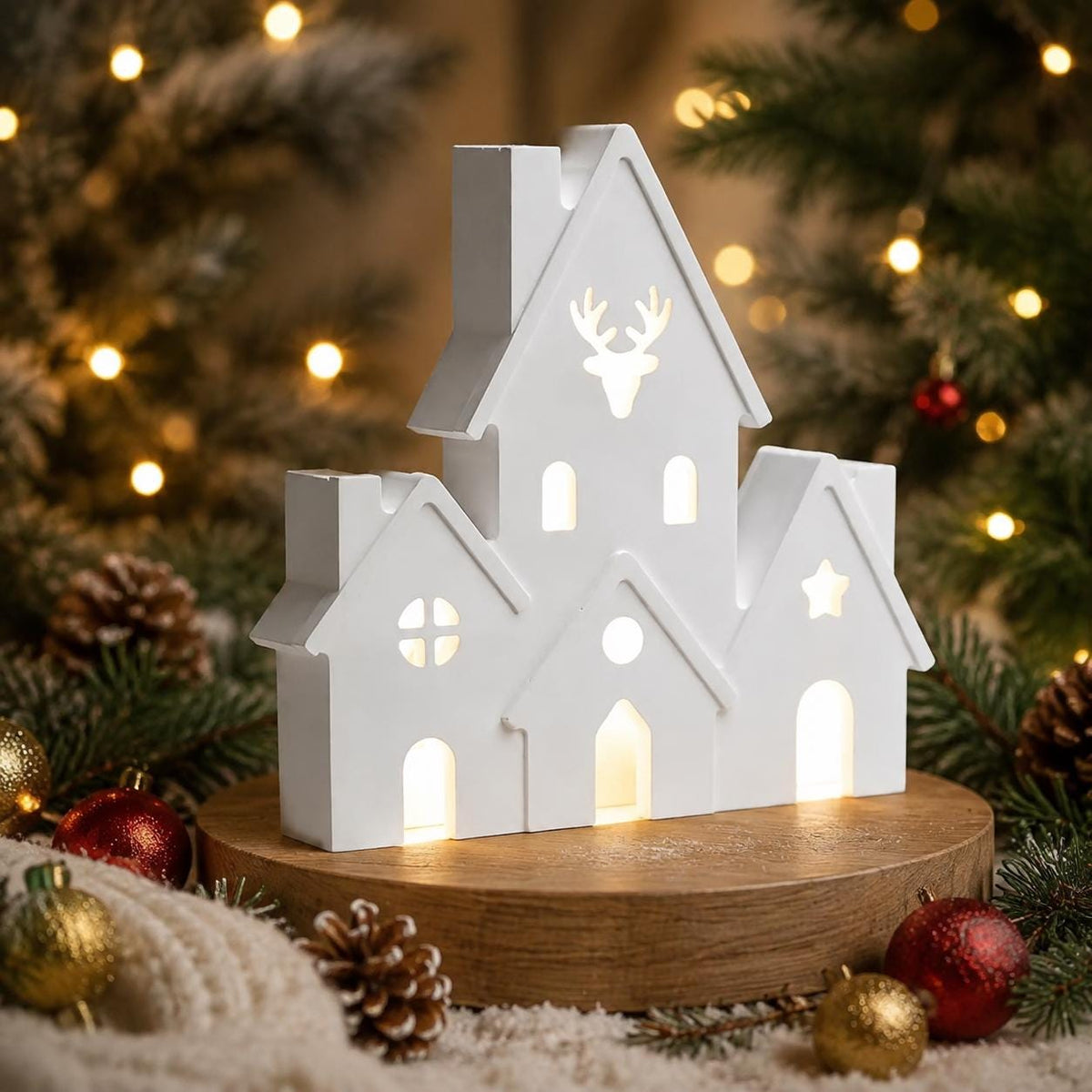 Silikonform Weihnachtshäuser 2-teilig – Gießform Häuserzeile mit Hirsch – Lichthaus für Raysin, Keraflott, Gips und Beton