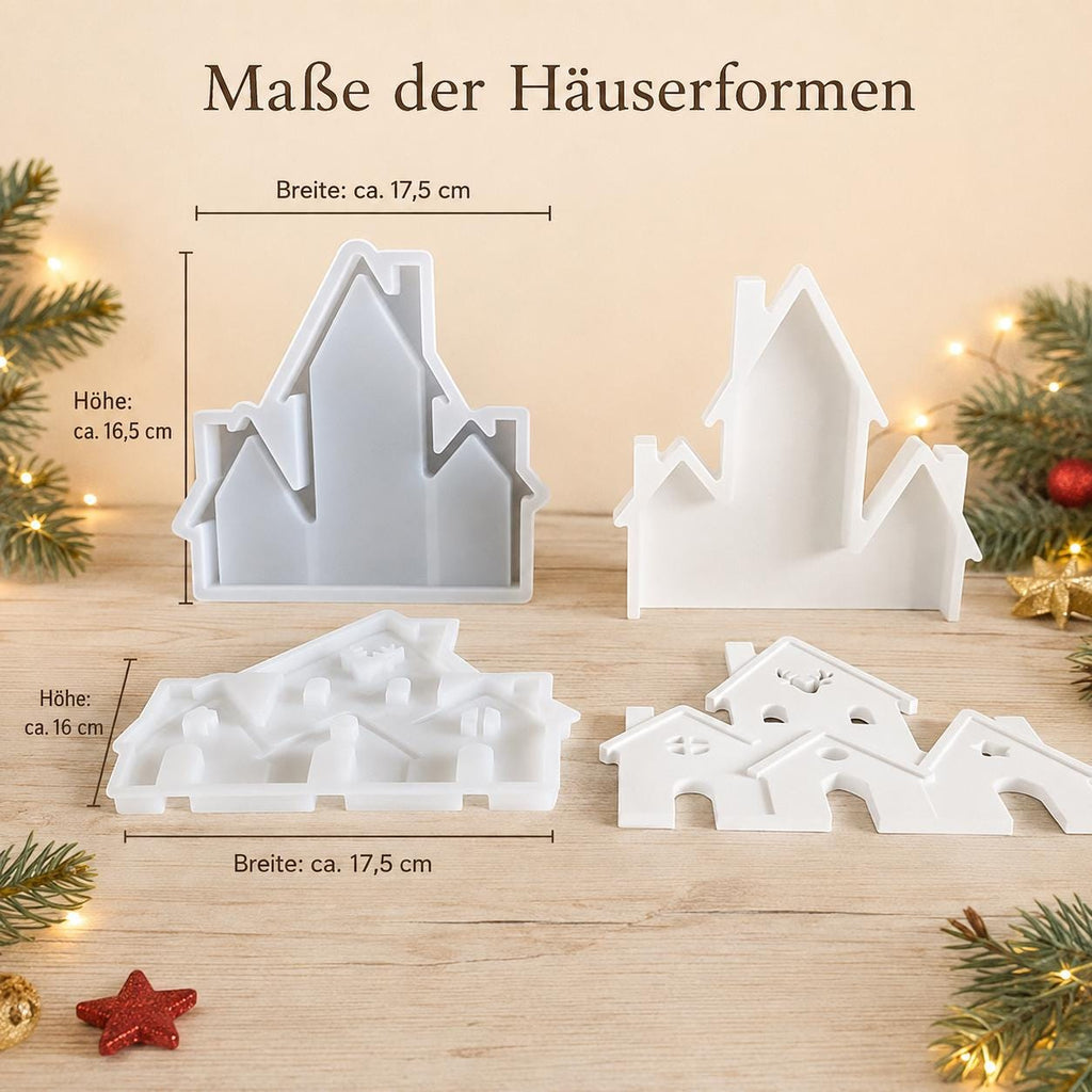 Silikonform Weihnachtshäuser 2-teilig – Gießform Häuserzeile mit Hirsch – Lichthaus für Raysin, Keraflott, Gips und Beton