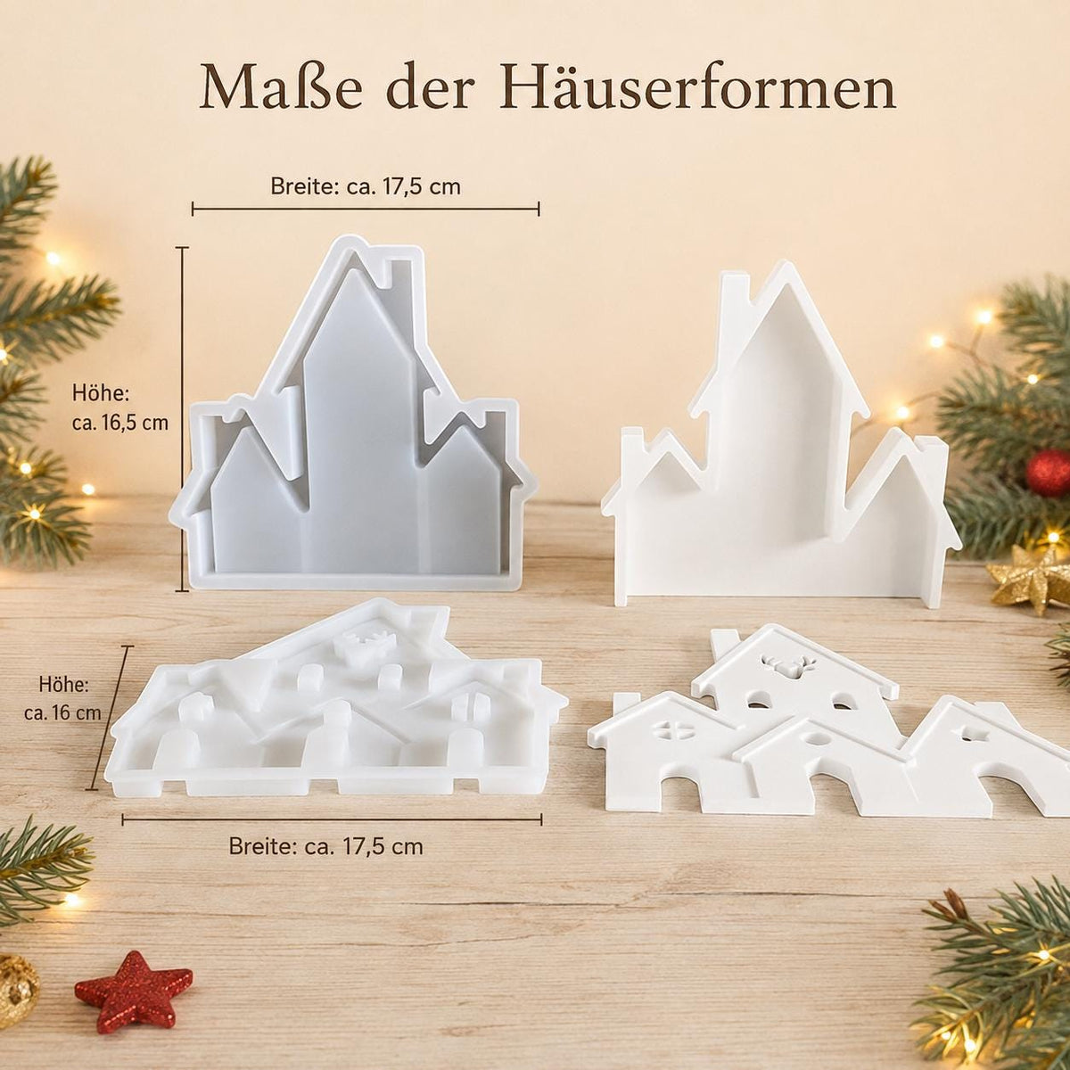 Silikonform Weihnachtshäuser 2-teilig – Gießform Häuserzeile mit Hirsch – Lichthaus für Raysin, Keraflott, Gips und Beton