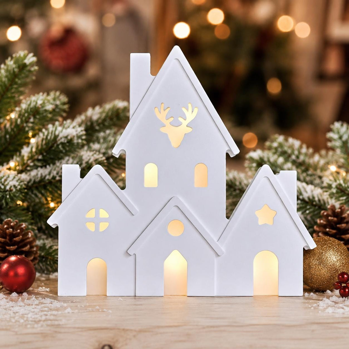 Silikonform Weihnachtshäuser 2-teilig – Gießform Häuserzeile mit Hirsch – Lichthaus für Raysin, Keraflott, Gips und Beton