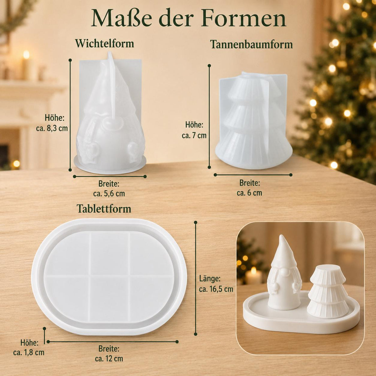 Silikonformen-Set Weihnachten – Wichtel, Tannenbaum-Kerzenhalter und Tablett – 3er Set, Gießformen für Raysin, Keraflott, Gips
