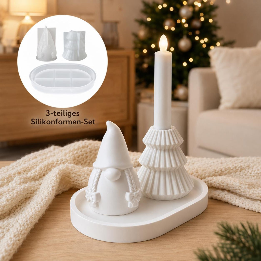 Silikonformen-Set Weihnachten  Wichtel, Tannenbaum-Kerzenhalter und Tablett  3er Set, Gießformen für Raysin, Keraflott, Gips