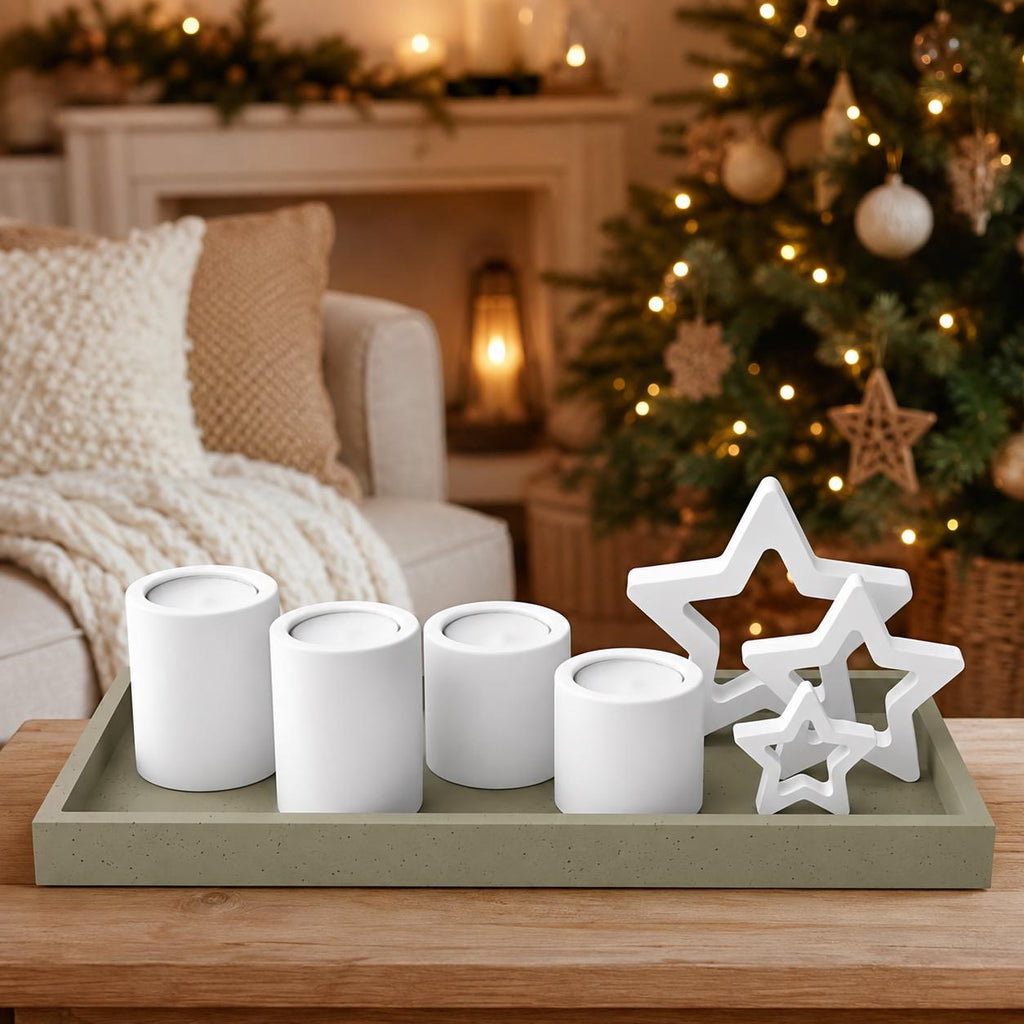 Silikonformen Advent 8er-Set – Kerzenhalter, Sterne und Tablett – Weihnachts-Gießformen für Raysin, Keraflott und Gips