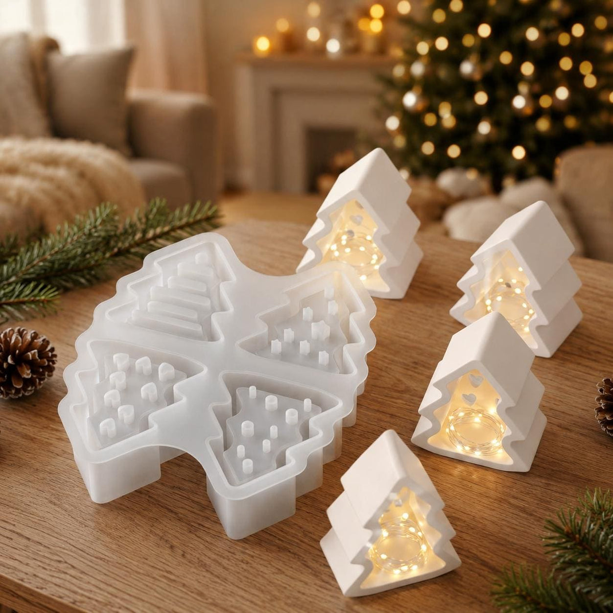 Silikonform Tannenbaum Kerzenhalter 4 Motive  Weihnachtsdeko Gießform für Raysin, Keraflott, Gips und Kreativbeton