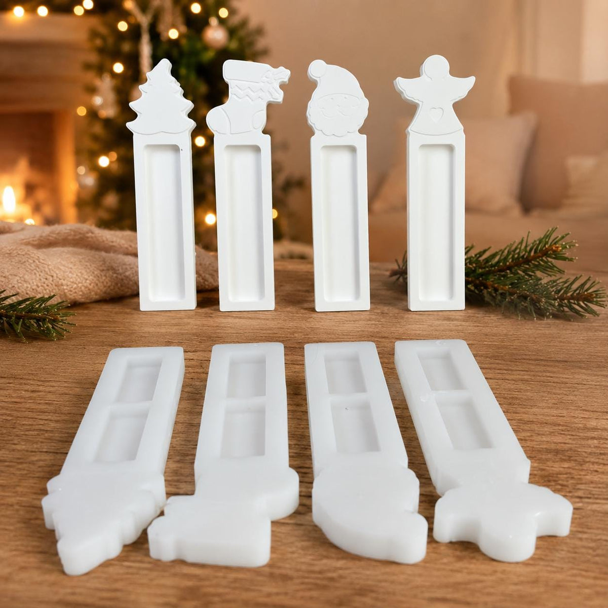 Silikonform Geldgeschenk Weihnachten  4 Motive mit Engel, Weihnachtsmann, Tannenbaum und Strumpf  Gießform für Raysin