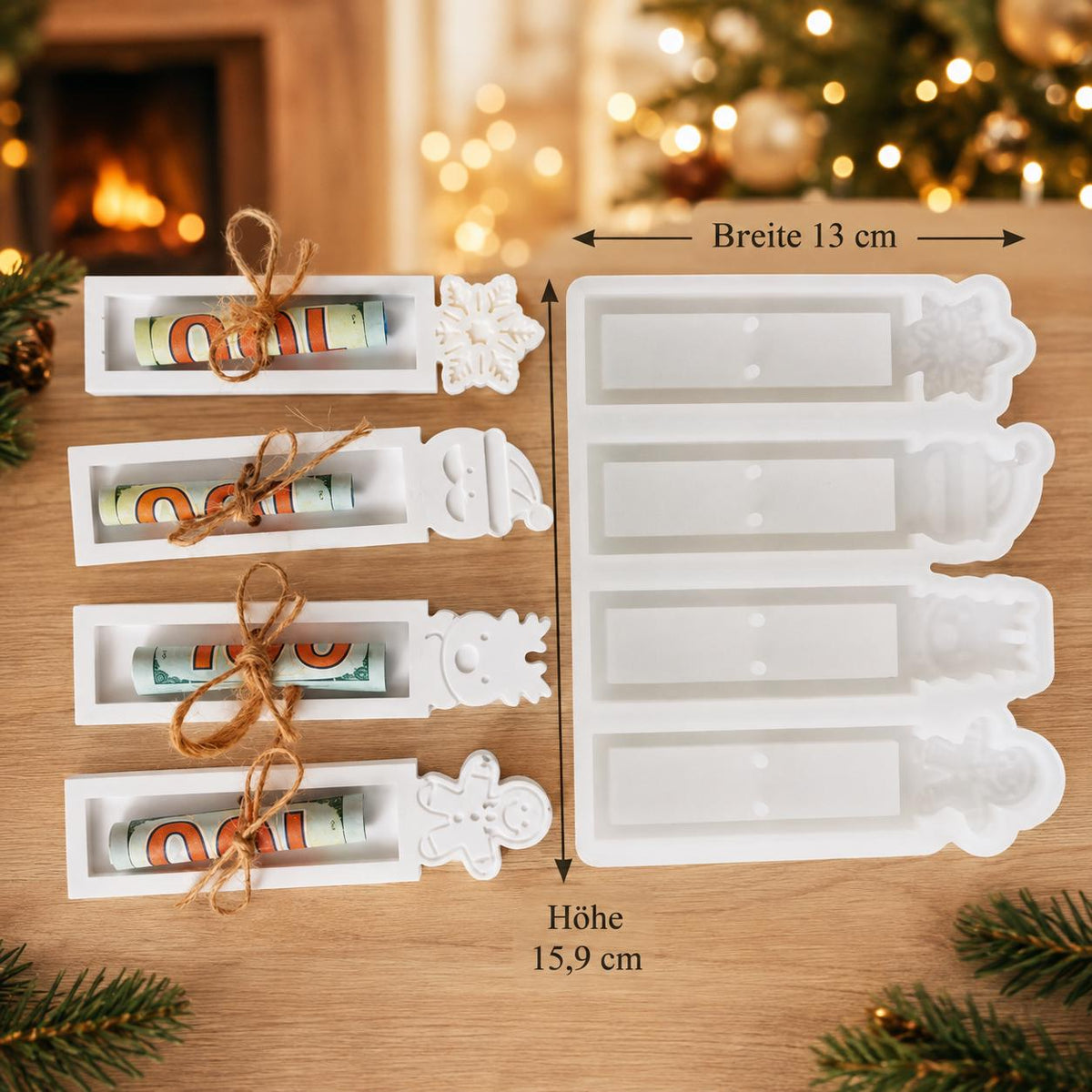 Silikonform Geldgeschenk Weihnachten – Gießform für Schokoriegel und Geldscheine – 4 Weihnachtsmotive