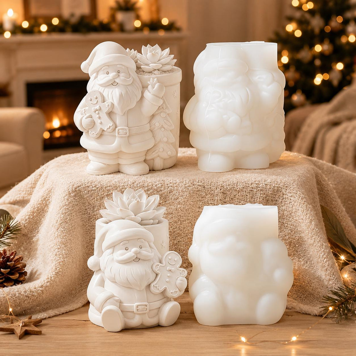 Weiße Weihnachtsmann-Gießlinge und Silikonformen vor einem beleuchteten Kamin