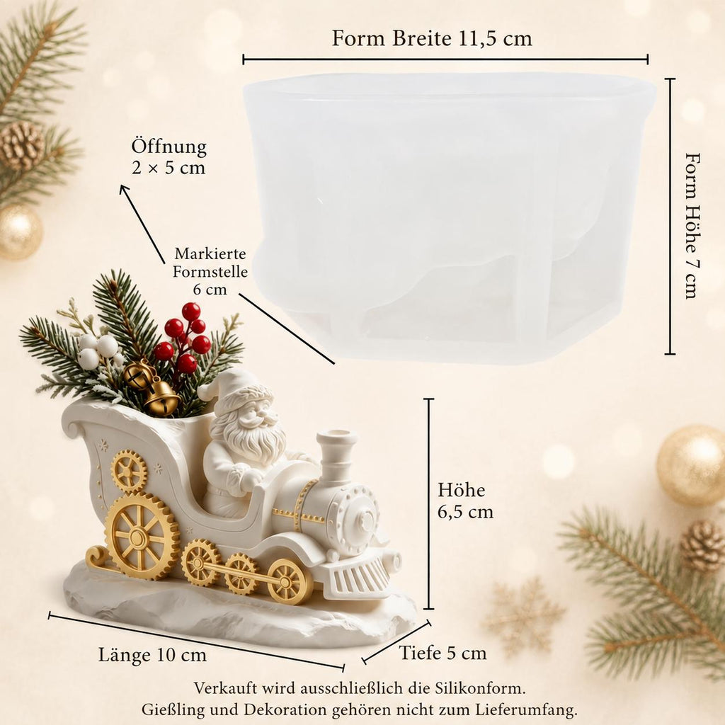 Silikonform Weihnachtsmann in Lokomotive mit Schlitten – Gießform für Stiftehalter – Weihnachtsdeko aus Raysin und Keraflott
