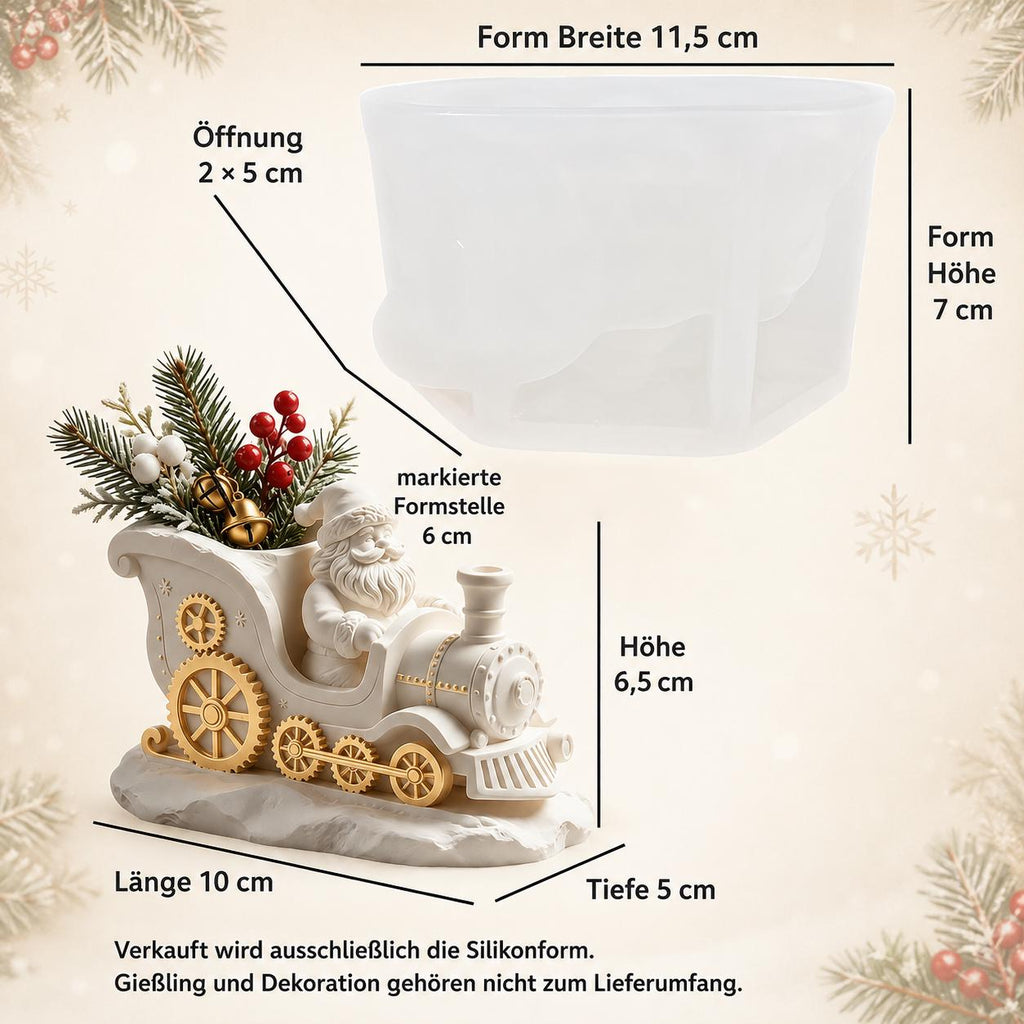 Silikonform Weihnachtsmann in Lokomotive mit Schlitten – Gießform für Stiftehalter – Weihnachtsdeko aus Raysin und Keraflott