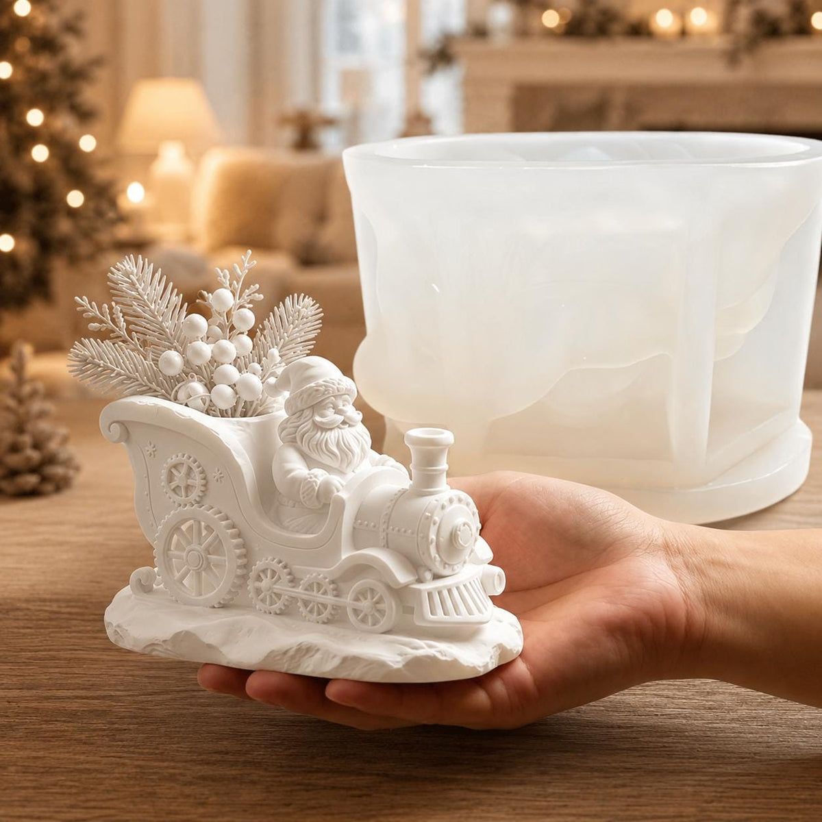 Silikonform Weihnachtsmann in Lokomotive mit Schlitten – Gießform für Stiftehalter – Weihnachtsdeko aus Raysin und Keraflott