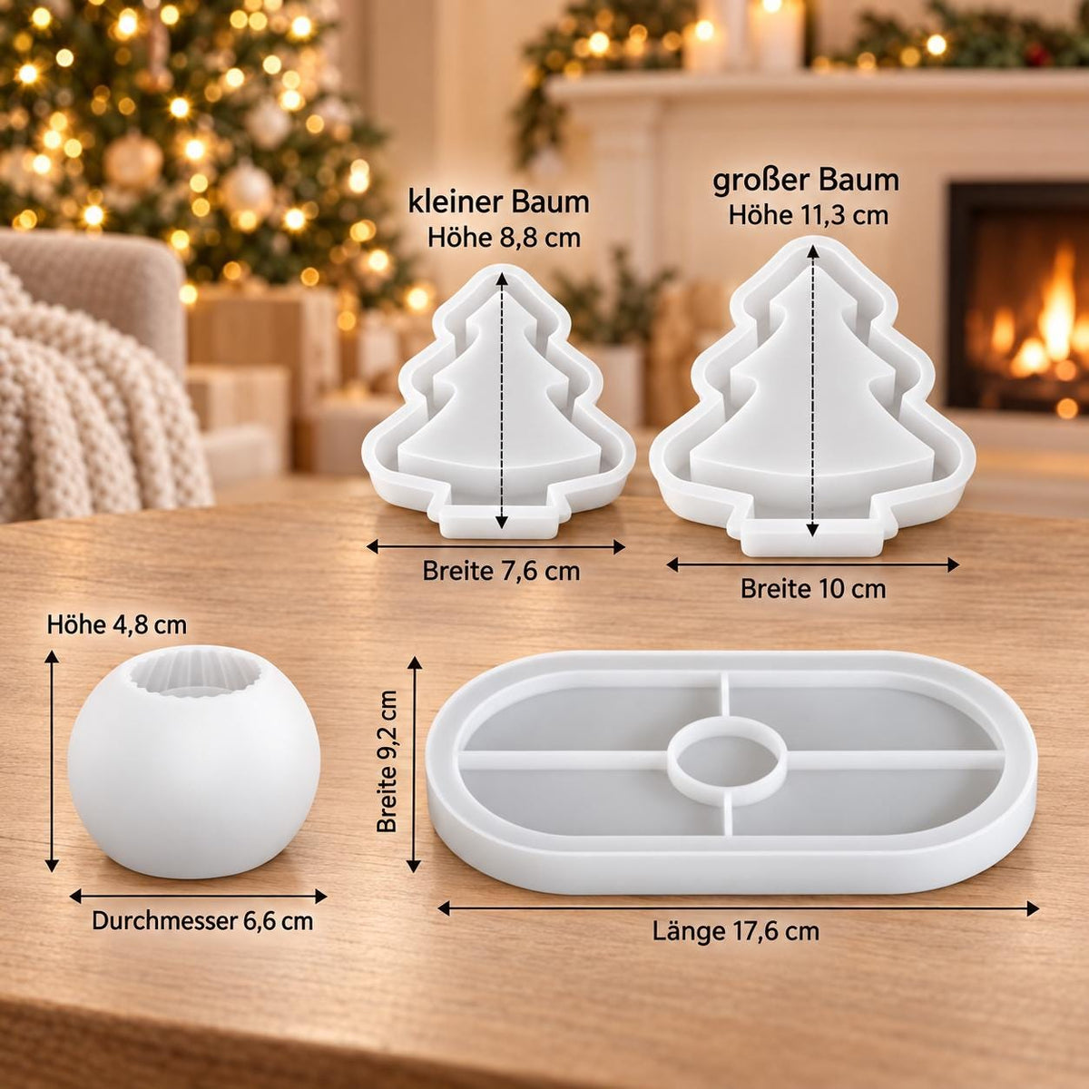 Silikonformen Weihnachten Set 4-teilig  Tannenbäume, Tablett & runder Halter  Gießformen für Raysin, Keraflott und DIY-Deko