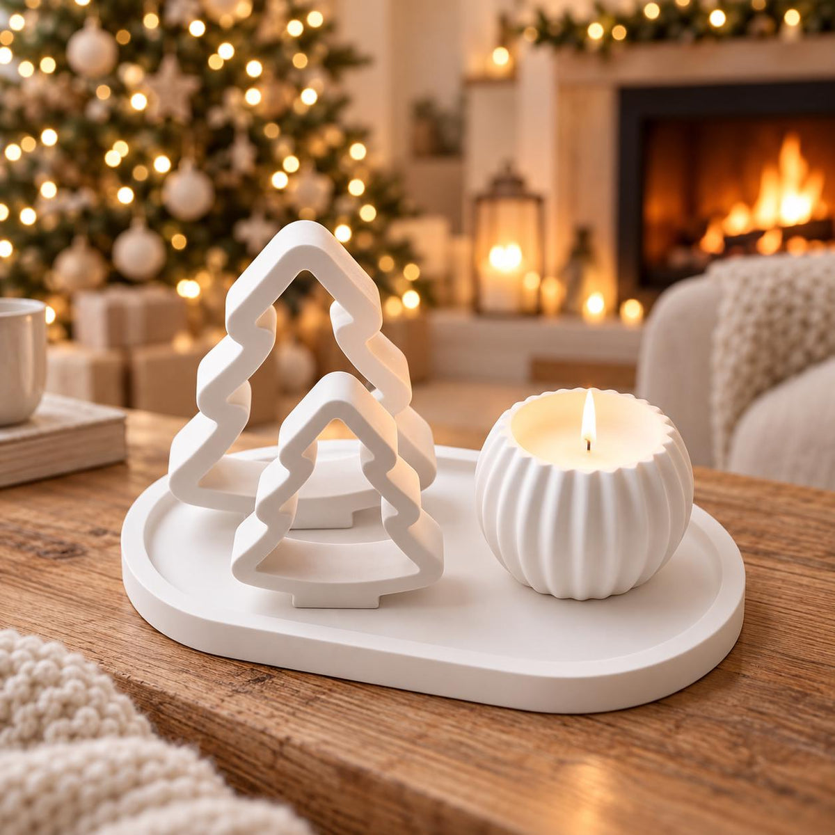Silikonformen Weihnachten Set 4-teilig  Tannenbäume, Tablett & runder Halter  Gießformen für Raysin, Keraflott und DIY-Deko