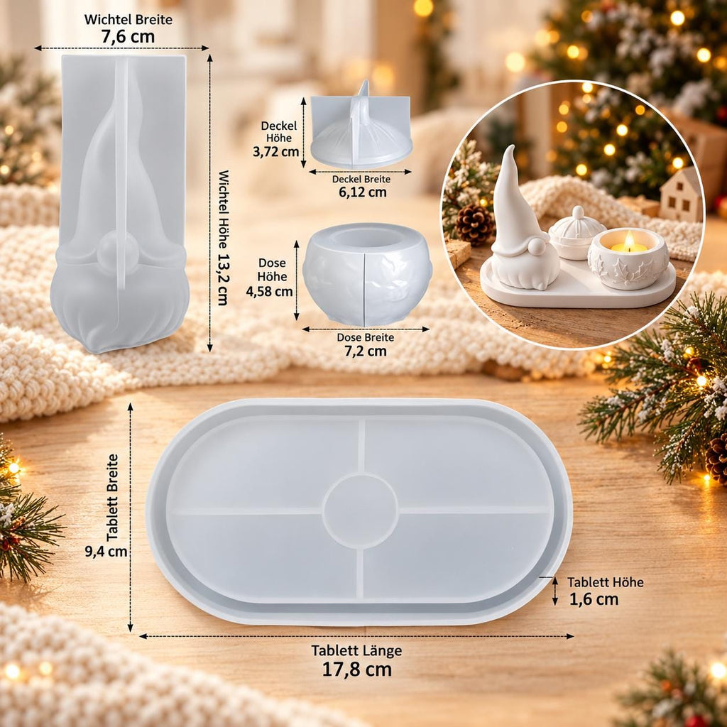 Silikonformen Set Weihnachten – Wichtel, Dose mit Deckel & ovales Tablett – Gießformen für Raysin, Keraflott und Gips