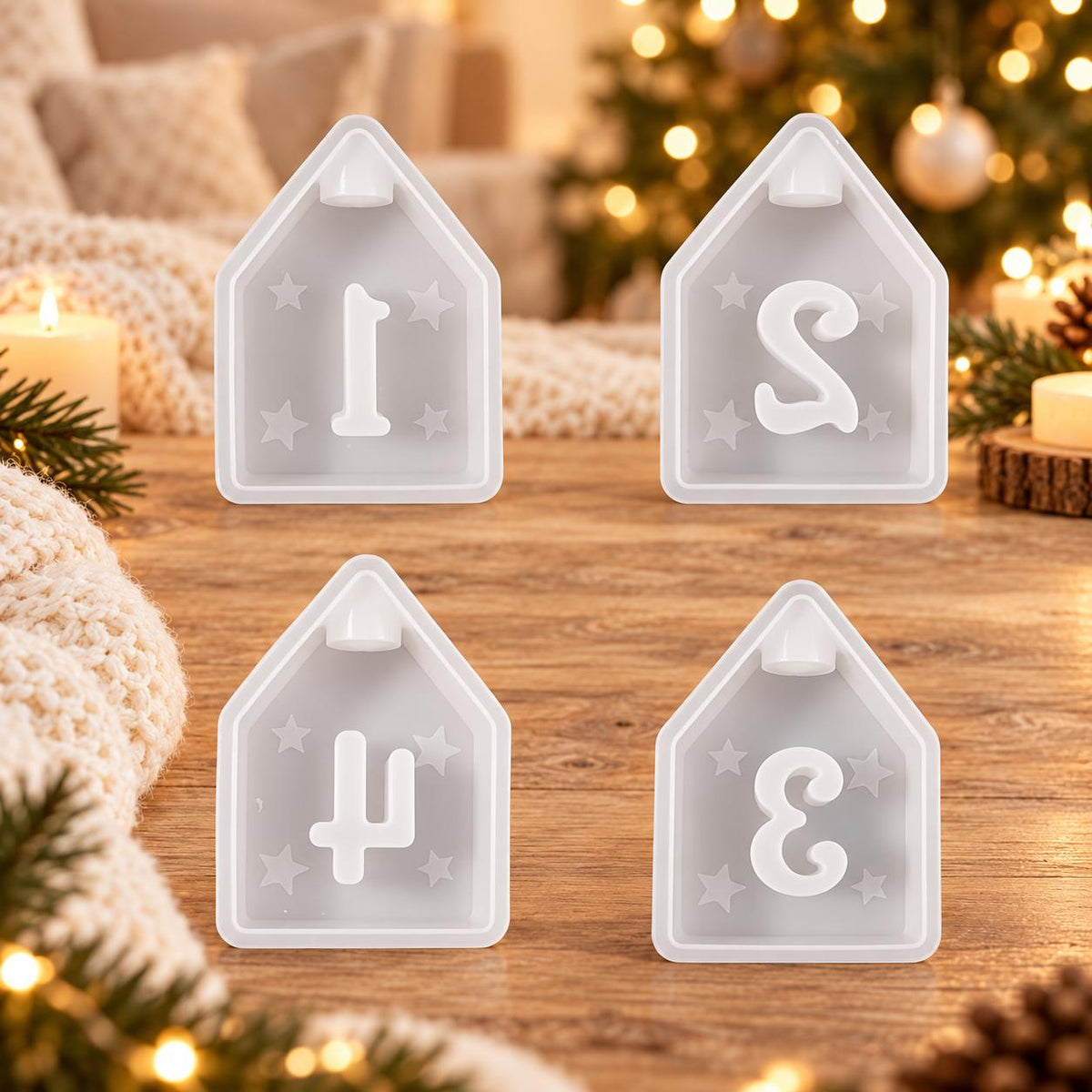 Silikonformen Adventshäuser 14  4er Set Gießformen für Kerzenhalter mit Sternen  Weihnachtsdeko aus Raysin, Keraflott & Gips