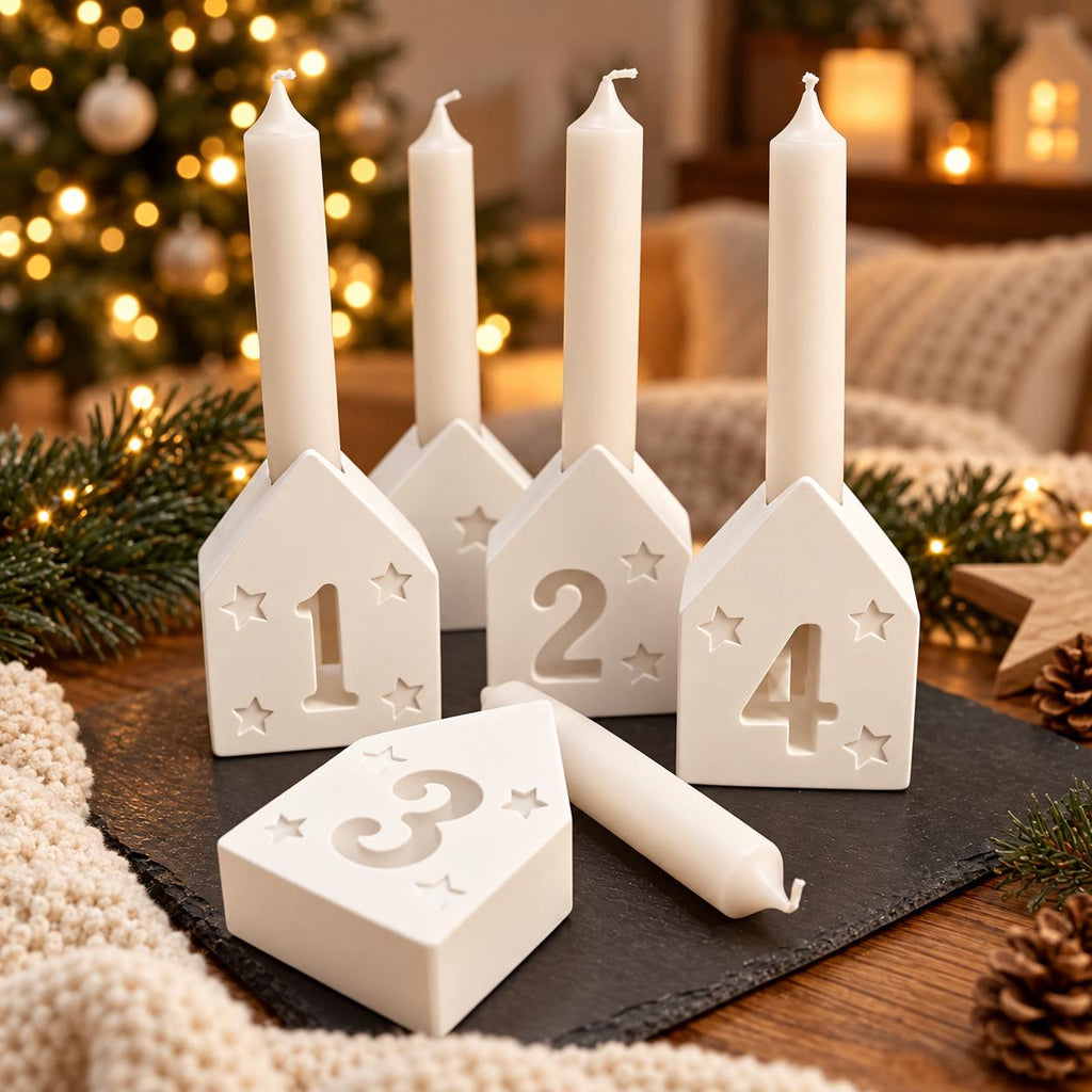 Silikonformen Adventshäuser 14  4er Set Gießformen für Kerzenhalter mit Sternen  Weihnachtsdeko aus Raysin, Keraflott & Gips
