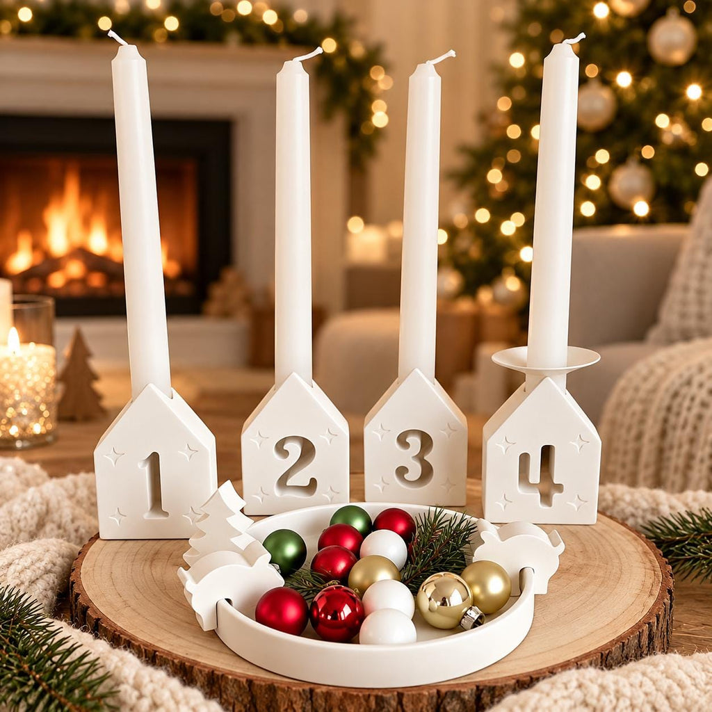 Silikonformen Adventshäuser 1–4 – 4er Set Gießformen für Kerzenhalter mit Sternen – Weihnachtsdeko aus Raysin, Keraflott & Gips