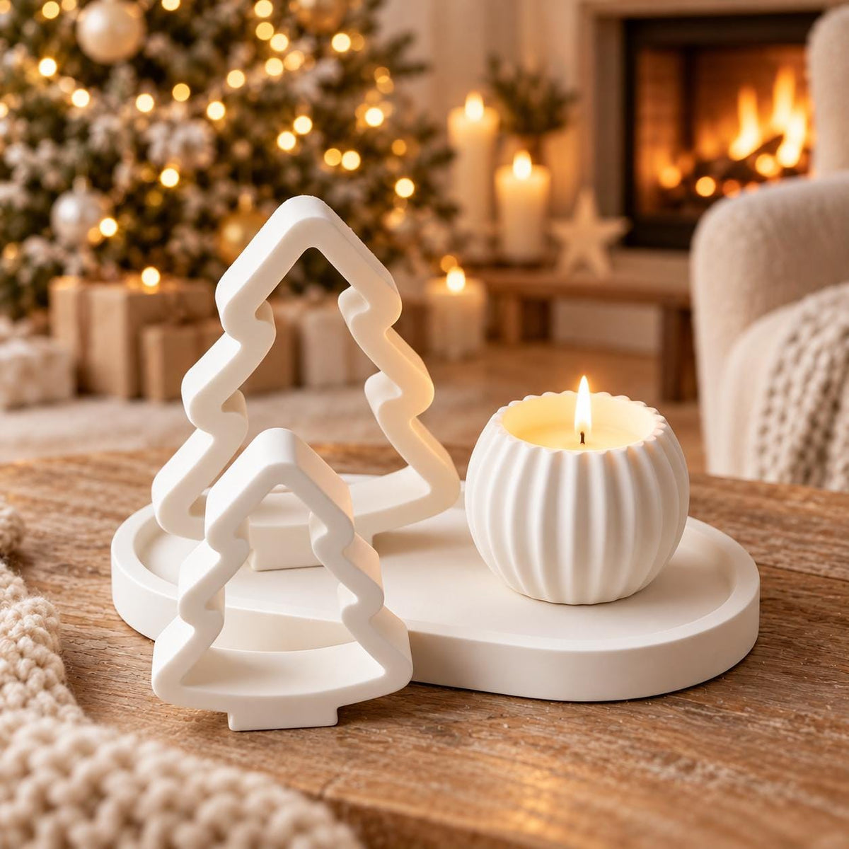 Silikonformen Weihnachten Set 4-teilig  Tannenbäume, Tablett & runder Halter  Gießformen für Raysin, Keraflott und DIY-Deko