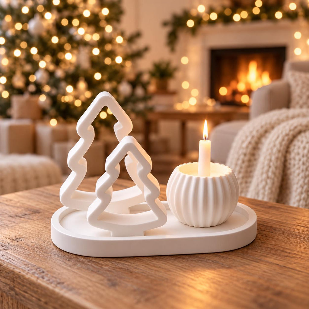 Silikonformen Weihnachten Set 4-teilig  Tannenbäume, Tablett & runder Halter  Gießformen für Raysin, Keraflott und DIY-Deko