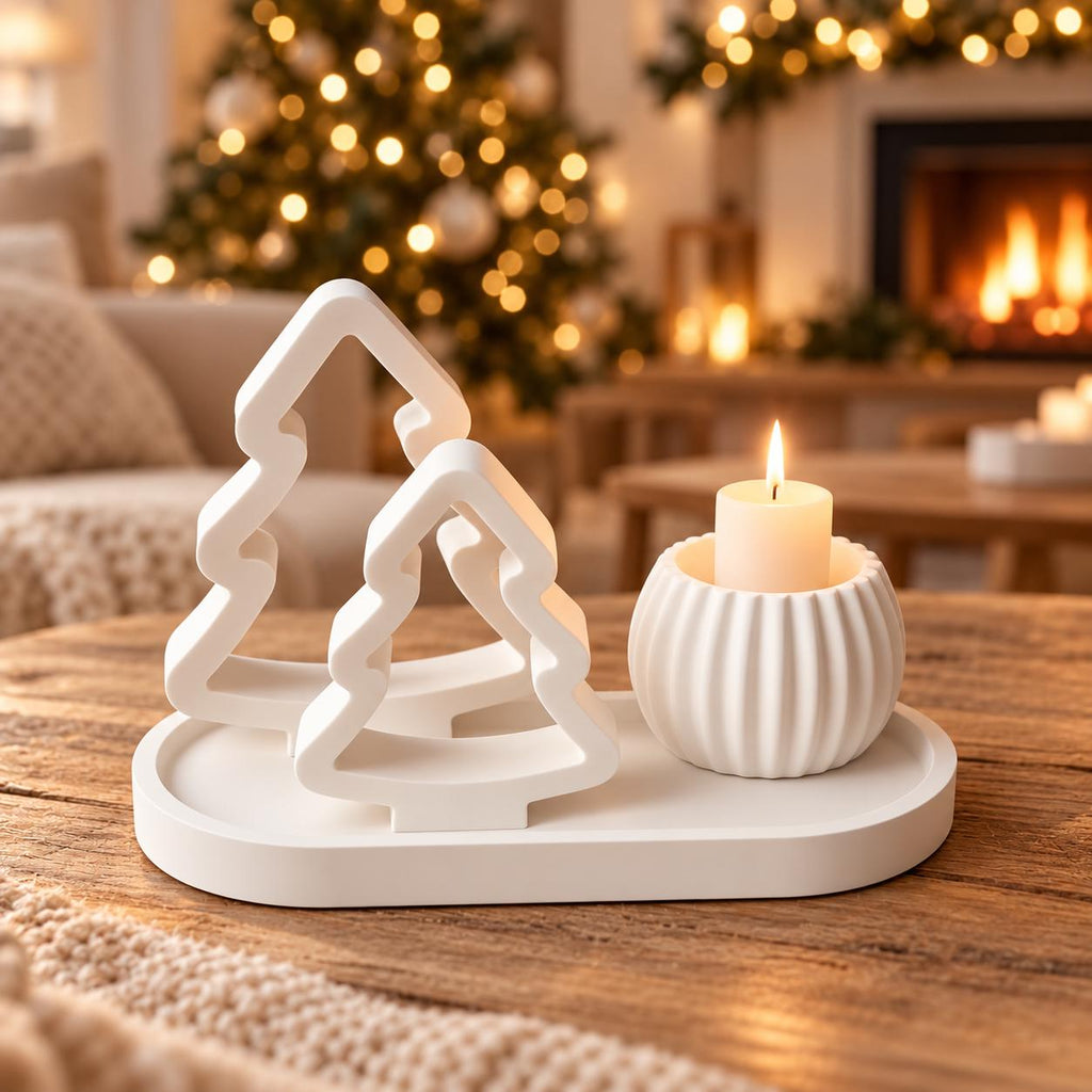 Silikonformen Weihnachten Set 4-teilig  Tannenbäume, Tablett & runder Halter  Gießformen für Raysin, Keraflott und DIY-Deko