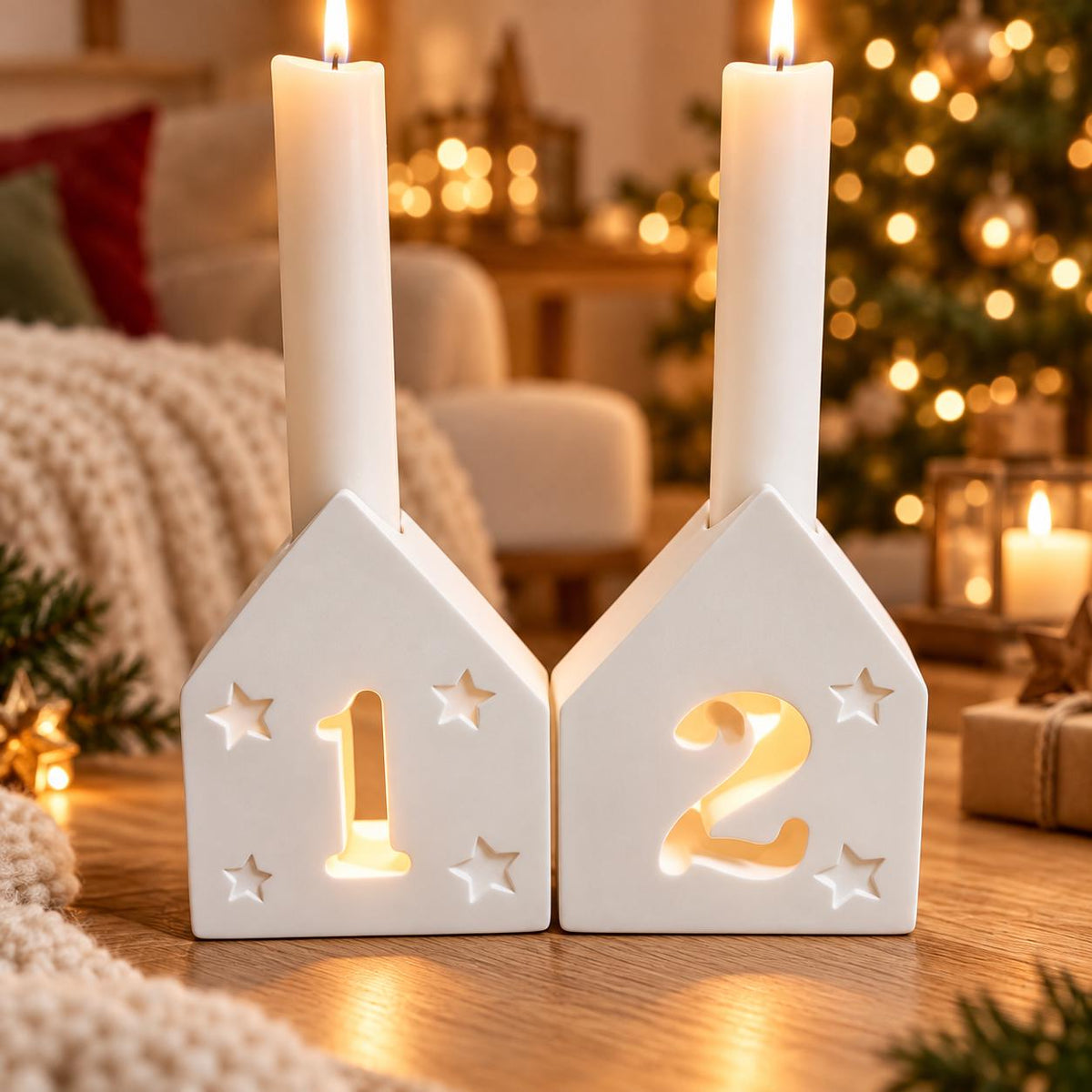Silikonformen Adventshäuser 1–4 – 4er Set Gießformen für Kerzenhalter mit Sternen – Weihnachtsdeko aus Raysin, Keraflott & Gips