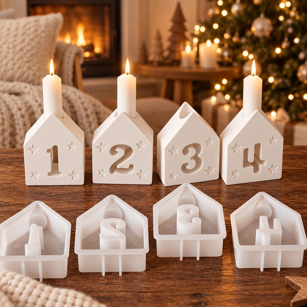 Silikonformen Adventshäuser 14  4er Set Gießformen für Kerzenhalter mit Sternen  Weihnachtsdeko aus Raysin, Keraflott & Gips