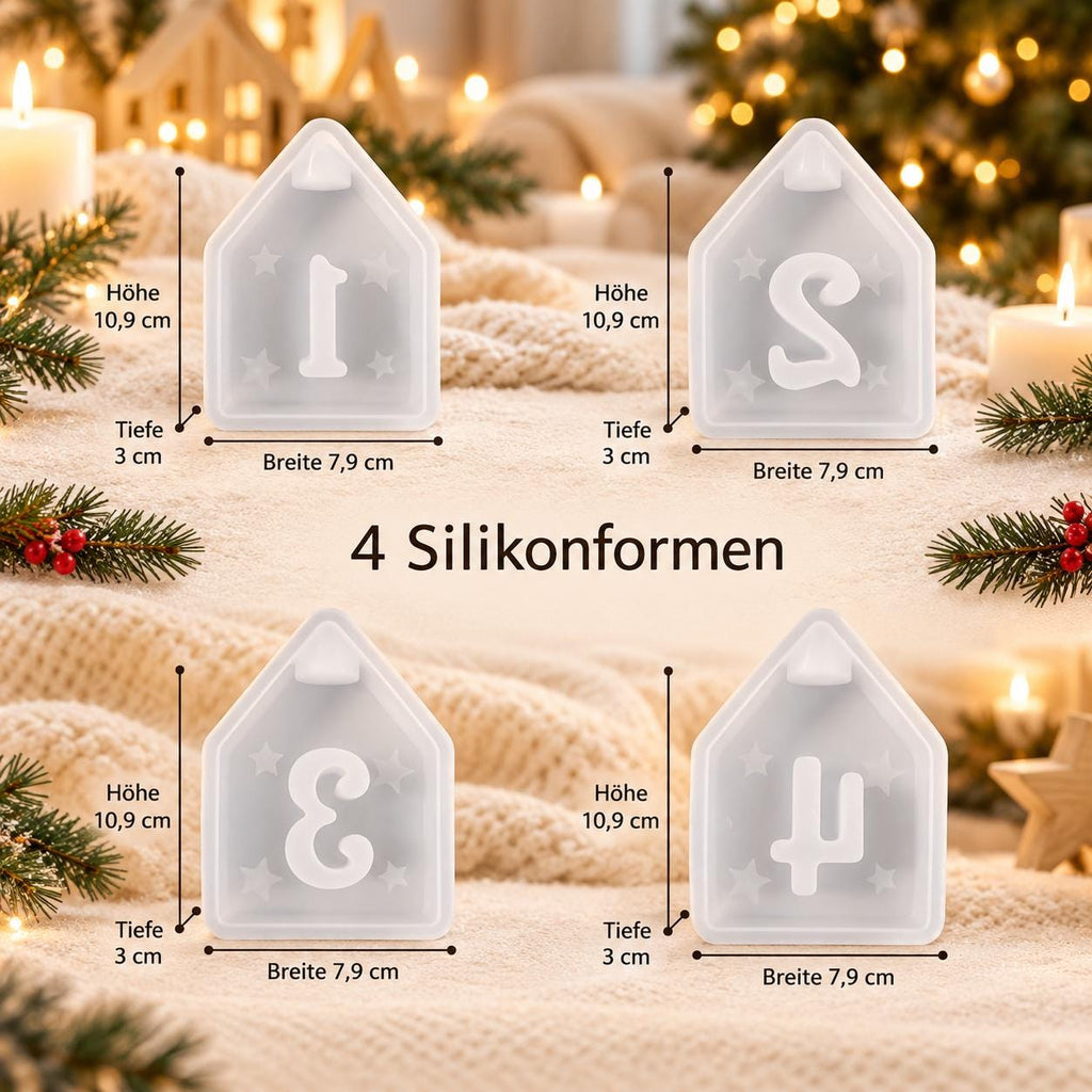 Silikonformen Adventshäuser 14  4er Set Gießformen für Kerzenhalter mit Sternen  Weihnachtsdeko aus Raysin, Keraflott & Gips