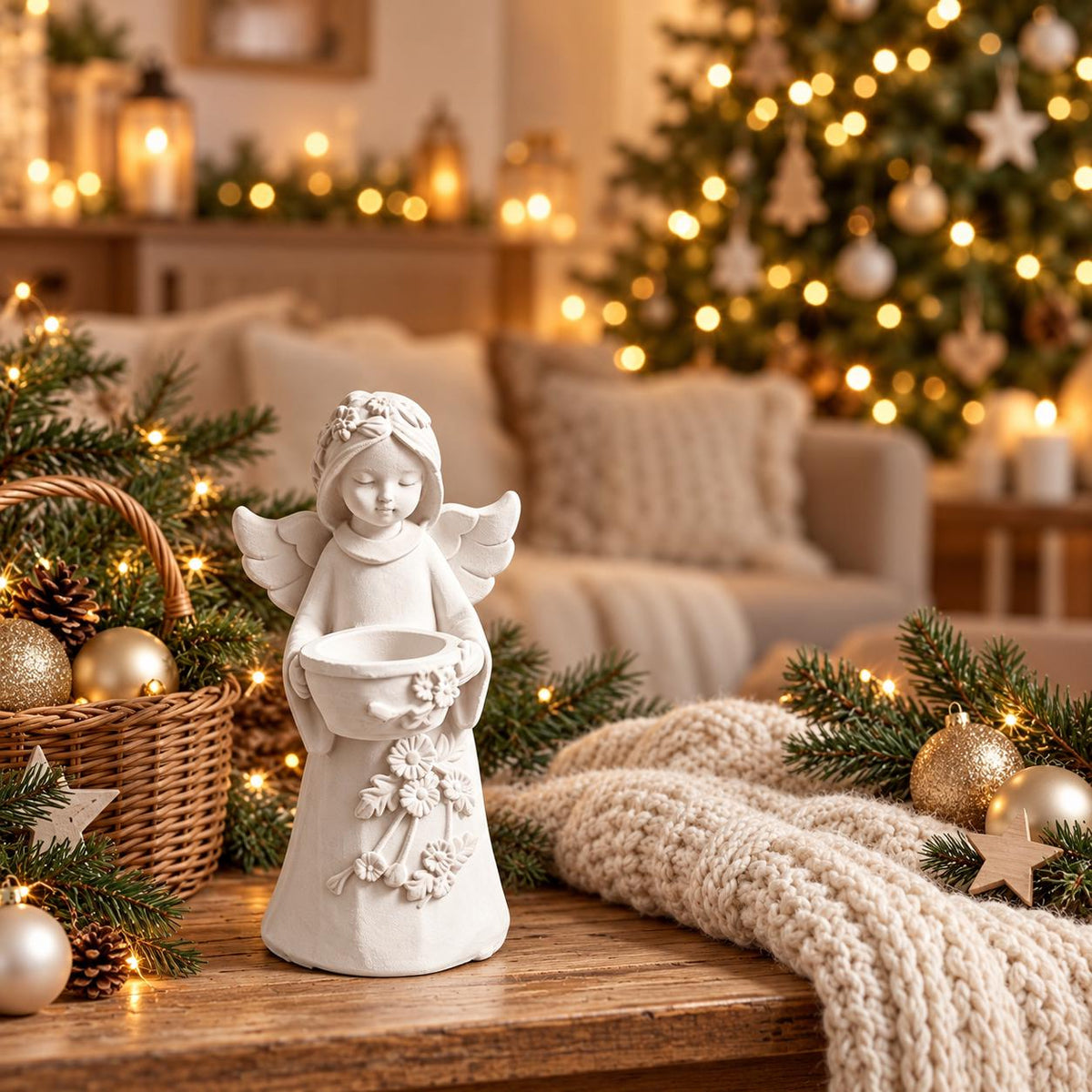 Silikon-Gießform Engel mit Schale und Blumenrelief  DIY Engelsfigur für Weihnachtsdeko und ganzjährige Dekoration