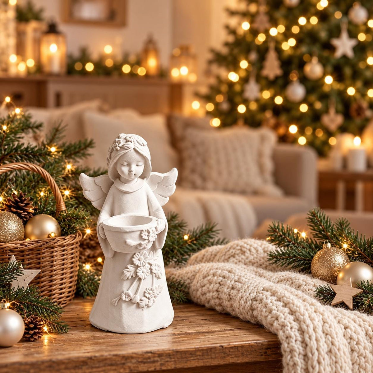 Silikon-Gießform Engel mit Schale und Blumenrelief – DIY Engelsfigur für Weihnachtsdeko und ganzjährige Dekoration