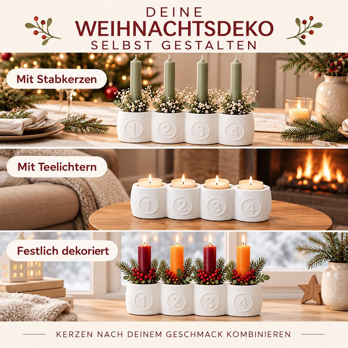 Silikonform Advents-Kerzenhalter mit Zahlen 14  Gießform für Weihnachtsdeko, Teelicht- und Stabkerzenhalter zum Selbermachen